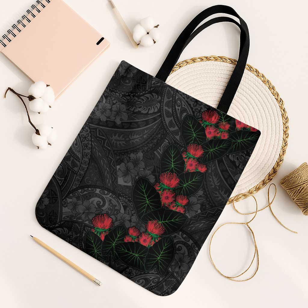 Hawaiian Taro Leaves and Ohia Lehua Tote Bag Polynesian Tribal Art Tropical Plants Motifs Grayscale