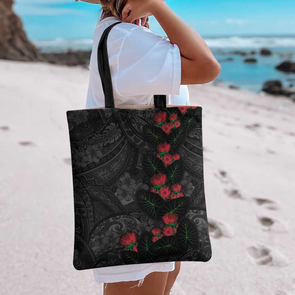 Hawaiian Taro Leaves and Ohia Lehua Tote Bag Polynesian Tribal Art Tropical Plants Motifs Grayscale LT03 - Polynesian Pride