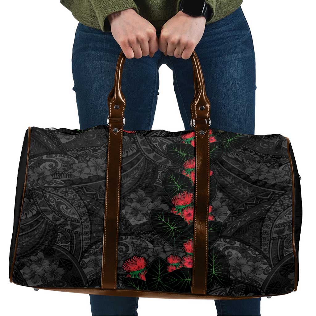 Hawaiian Taro Leaves and Ohia Lehua Travel Bag Polynesian Tribal Art Tropical Plants Motifs Grayscale LT03 Multicolor - Polynesian Pride