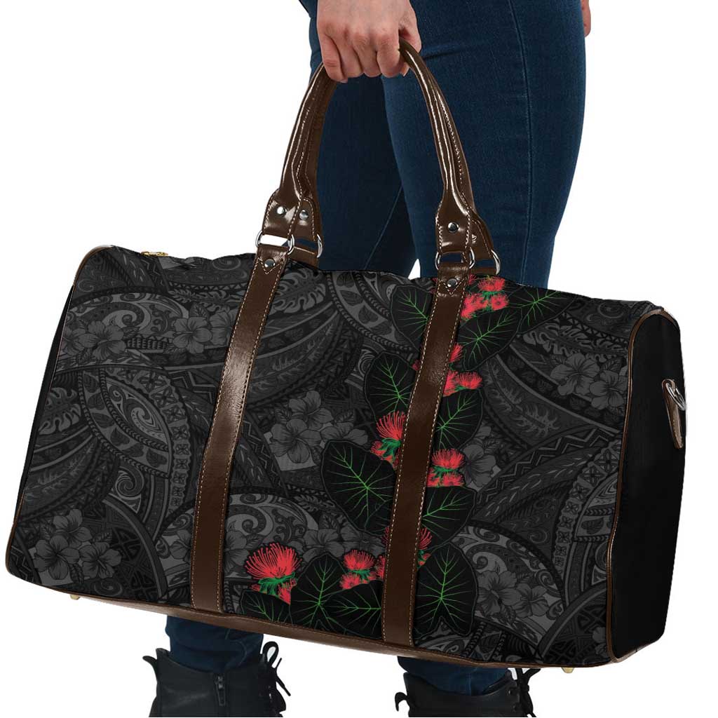 Hawaiian Taro Leaves and Ohia Lehua Travel Bag Polynesian Tribal Art Tropical Plants Motifs Grayscale LT03 - Polynesian Pride