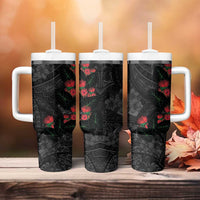 Hawaiian Taro Leaves and Ohia Lehua Tumbler With Handle Polynesian Tribal Art Tropical Plants Motifs Grayscale LT03 - Polynesian Pride