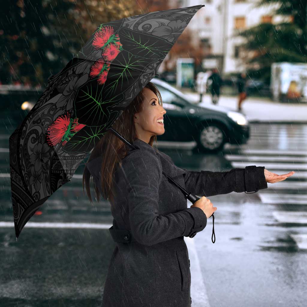 Hawaiian Taro Leaves and Ohia Lehua Umbrella Polynesian Tribal Art Tropical Plants Motifs Grayscale LT03 - Polynesian Pride