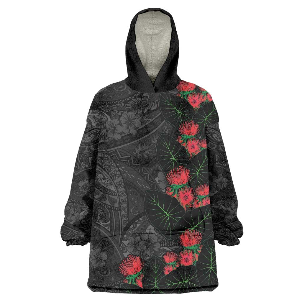Hawaiian Taro Leaves and Ohia Lehua Wearable Blanket Hoodie Polynesian Tribal Art Tropical Plants Motifs Grayscale