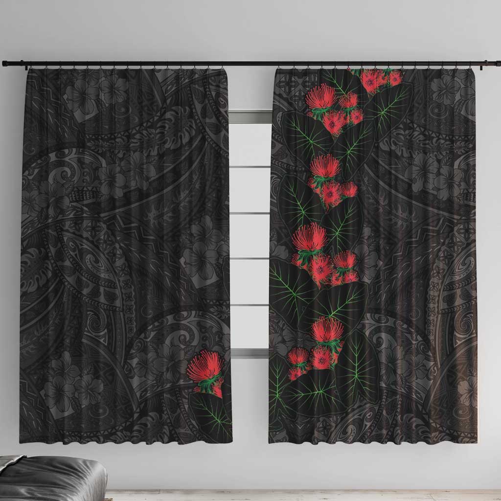 Hawaiian Taro Leaves and Ohia Lehua Window Curtain Polynesian Tribal Art Tropical Plants Motifs Grayscale LT03 With Hooks Multicolor - Polynesian Pride