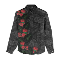 Hawaiian Taro Leaves and Ohia Lehua Women Casual Shirt Polynesian Tribal Art Tropical Plants Motifs Grayscale LT03 - Polynesian Pride