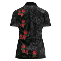 Hawaiian Taro Leaves and Ohia Lehua Women Polo Shirt Polynesian Tribal Art Tropical Plants Motifs Grayscale LT03 - Polynesian Pride