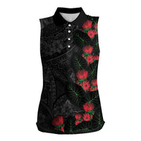 Hawaiian Taro Leaves and Ohia Lehua Women Sleeveless Polo Shirt Polynesian Tribal Art Tropical Plants Motifs Grayscale LT03 Female Multicolor - Polynesian Pride