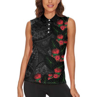Hawaiian Taro Leaves and Ohia Lehua Women Sleeveless Polo Shirt Polynesian Tribal Art Tropical Plants Motifs Grayscale LT03 - Polynesian Pride