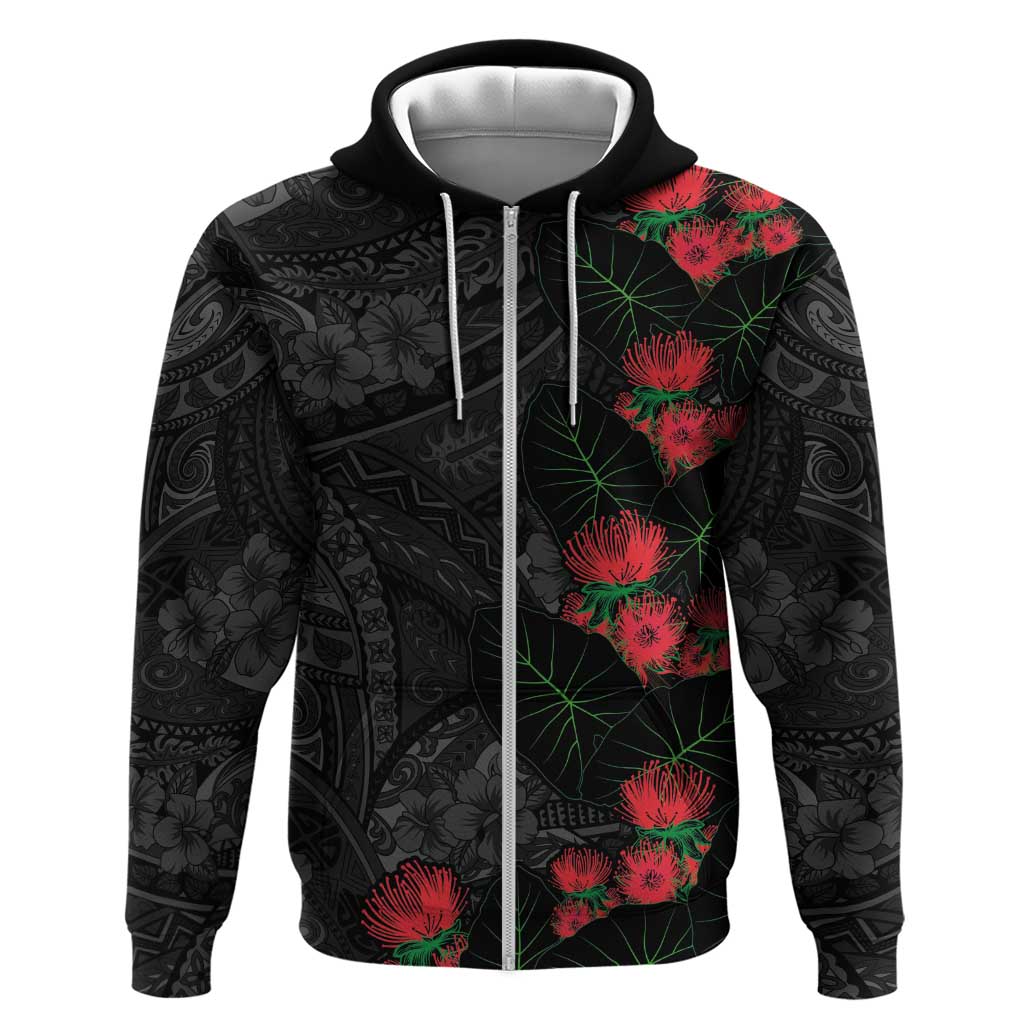 Hawaiian Taro Leaves and Ohia Lehua Zip Hoodie Polynesian Tribal Art Tropical Plants Motifs Grayscale LT03 Zip Hoodie Multicolor - Polynesian Pride