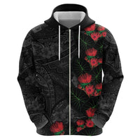 Hawaiian Taro Leaves and Ohia Lehua Zip Hoodie Polynesian Tribal Art Tropical Plants Motifs Grayscale LT03 - Polynesian Pride