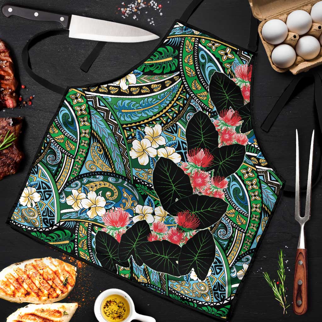 Hawaiian Taro Leaves and Ohia Lehua Apron Polynesian Tribal Art Tropical Plants Motifs Colorful LT03 Multicolor - Polynesian Pride