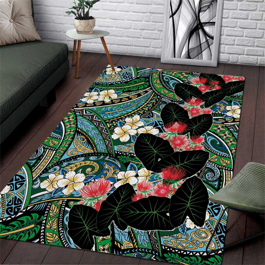 Hawaiian Taro Leaves and Ohia Lehua Area Rug Polynesian Tribal Art Tropical Plants Motifs Colorful LT03 Multicolor - Polynesian Pride