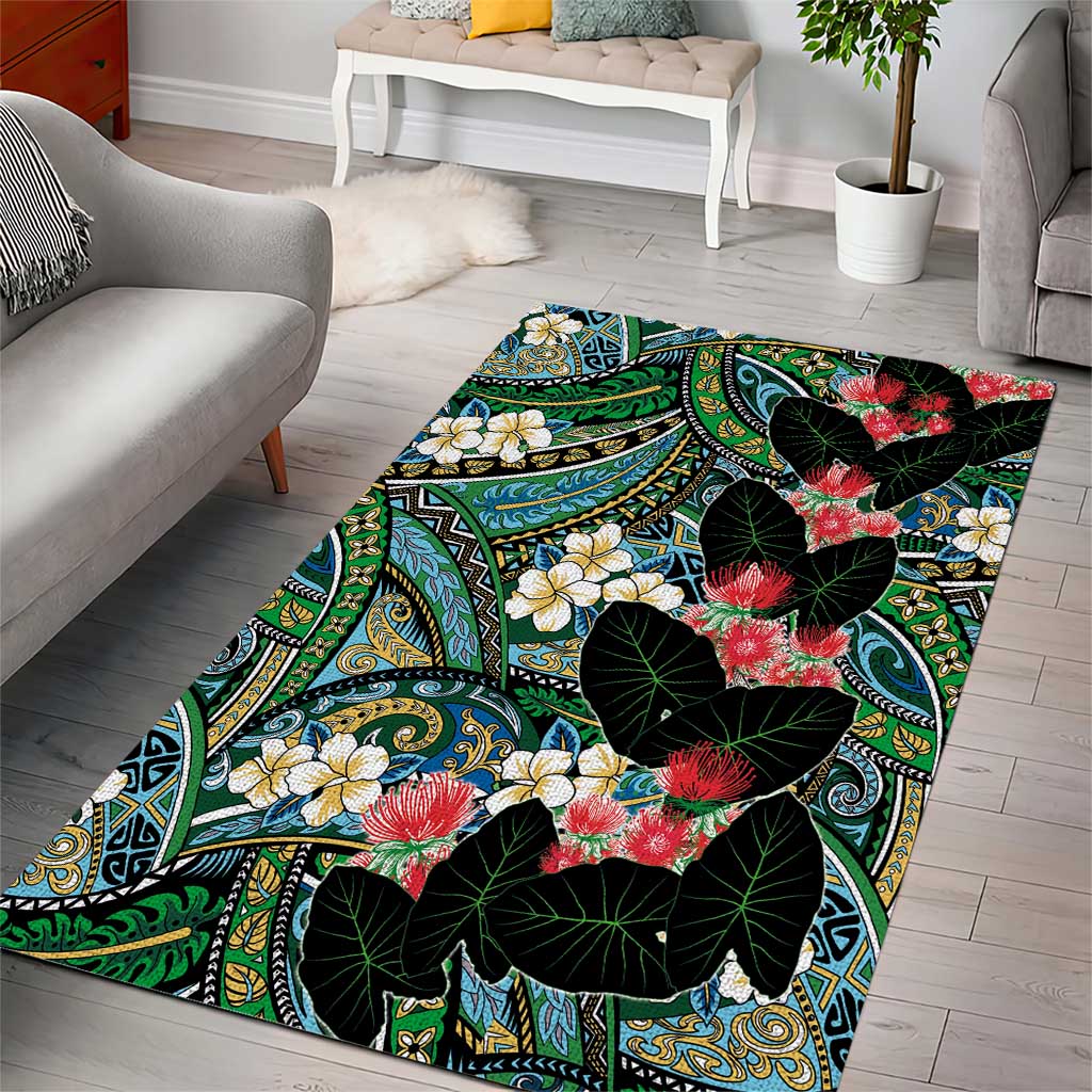 Hawaiian Taro Leaves and Ohia Lehua Area Rug Polynesian Tribal Art Tropical Plants Motifs Colorful LT03 - Polynesian Pride