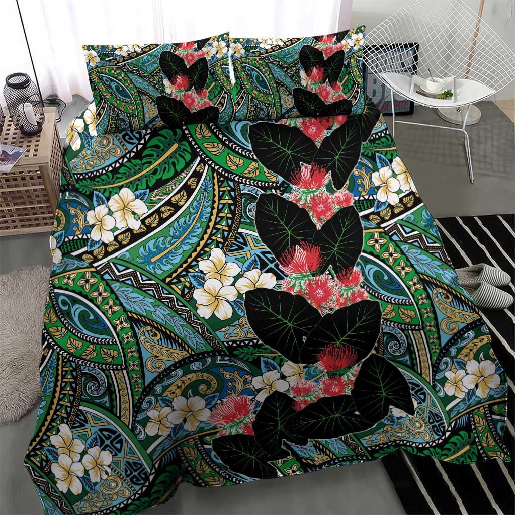 Hawaiian Taro Leaves and Ohia Lehua Bedding Set Polynesian Tribal Art Tropical Plants Motifs Colorful LT03 - Polynesian Pride