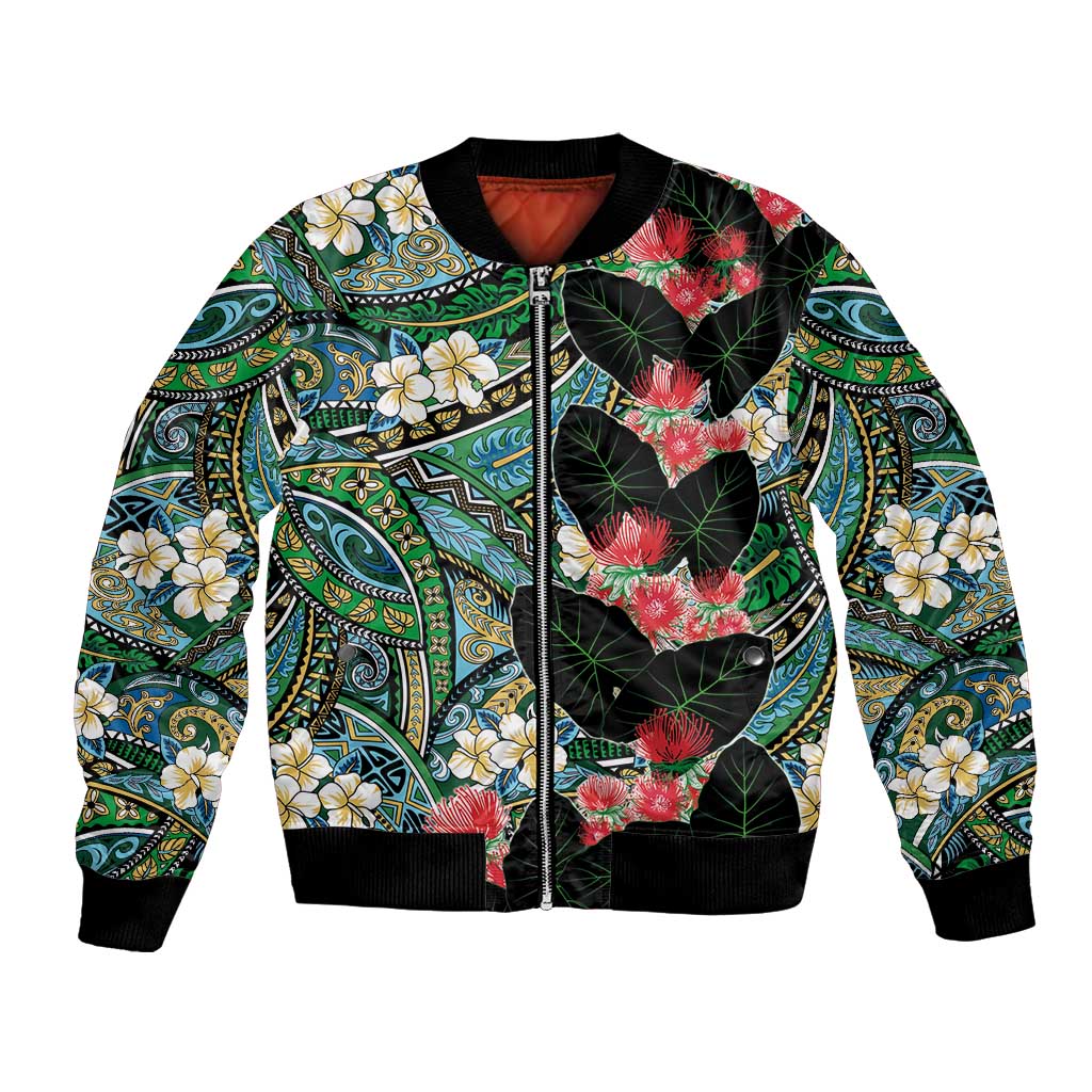 Hawaiian Taro Leaves and Ohia Lehua Bomber Jacket Polynesian Tribal Art Tropical Plants Motifs Colorful LT03 Unisex Multicolor - Polynesian Pride