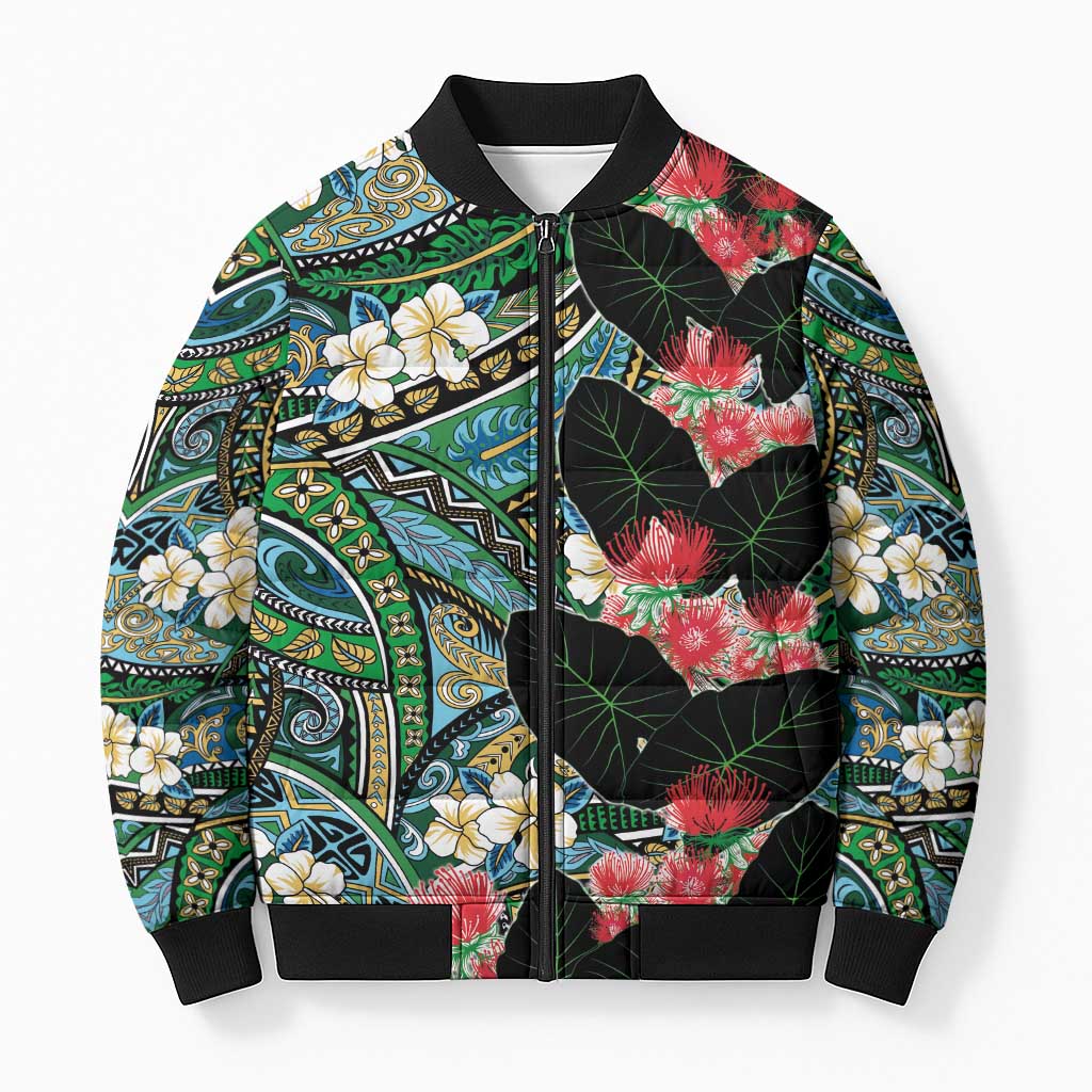 Hawaiian Taro Leaves and Ohia Lehua Bomber Puffer Jacket Polynesian Tribal Art Tropical Plants Motifs Colorful LT03 Unisex Multicolor - Polynesian Pride