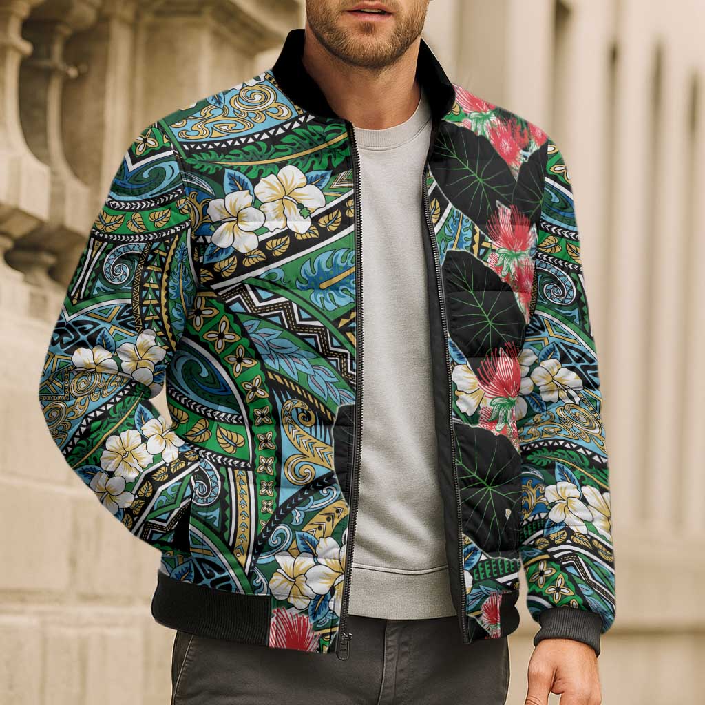 Hawaiian Taro Leaves and Ohia Lehua Bomber Puffer Jacket Polynesian Tribal Art Tropical Plants Motifs Colorful LT03 - Polynesian Pride