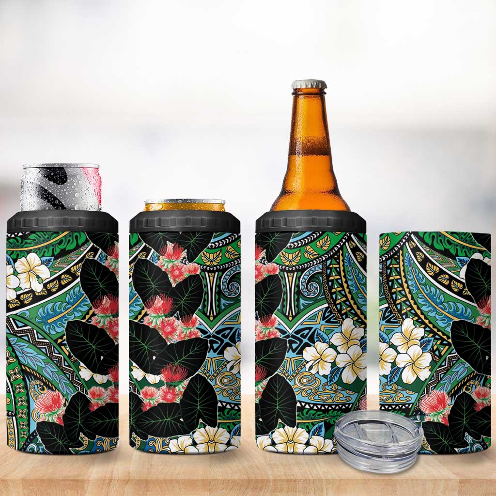 Hawaiian Taro Leaves and Ohia Lehua 4 in 1 Can Cooler Tumbler Polynesian Tribal Art Tropical Plants Motifs Colorful LT03 - Polynesian Pride