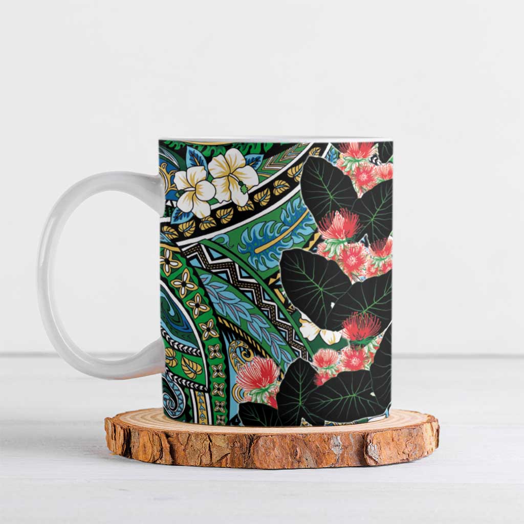 Hawaiian Taro Leaves and Ohia Lehua Ceramic Mug Polynesian Tribal Art Tropical Plants Motifs Colorful