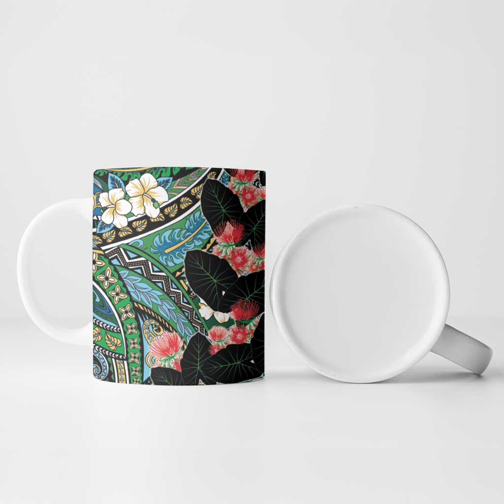 Hawaiian Taro Leaves and Ohia Lehua Ceramic Mug Polynesian Tribal Art Tropical Plants Motifs Colorful LT03 - Polynesian Pride