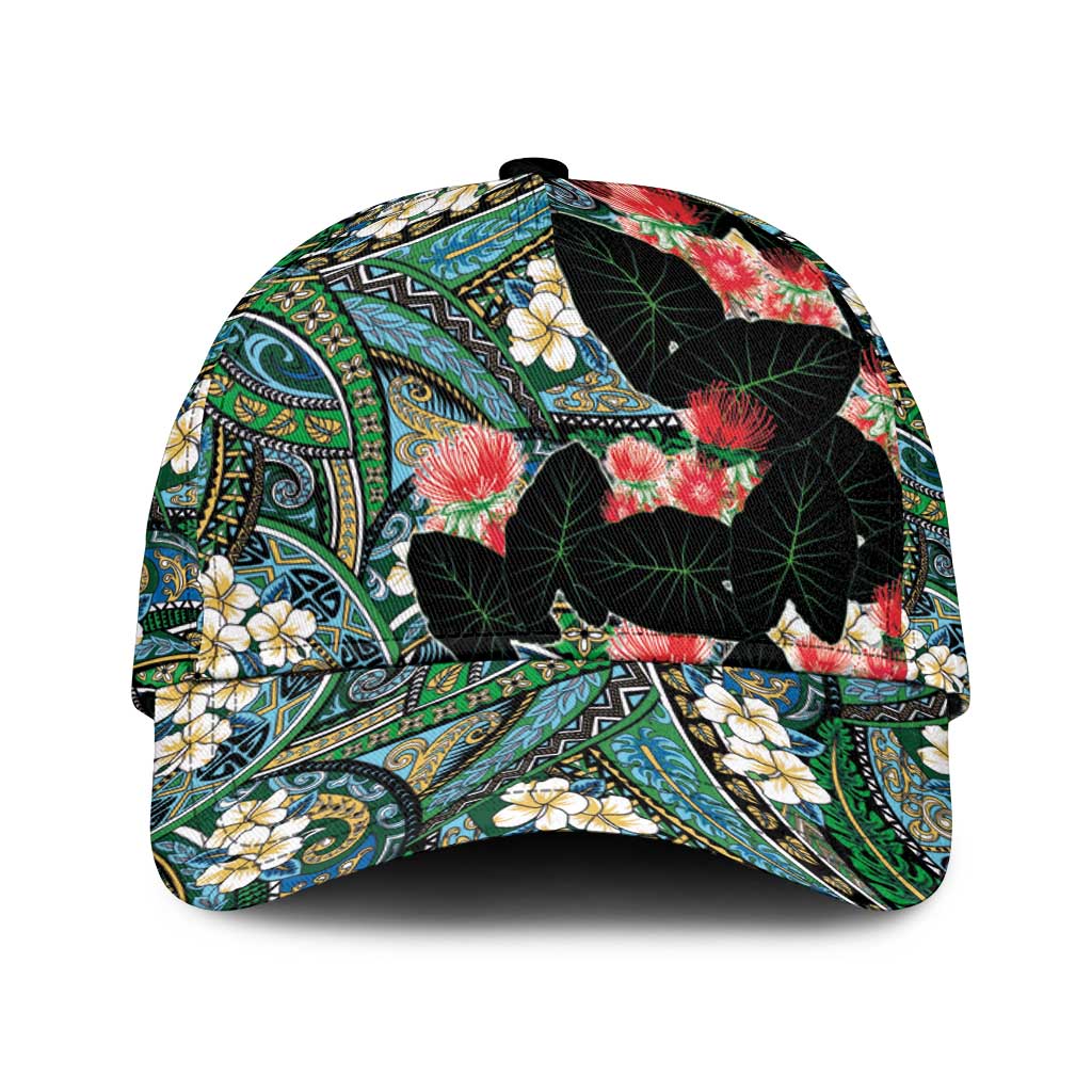 Hawaiian Taro Leaves and Ohia Lehua Classic Cap Polynesian Tribal Art Tropical Plants Motifs Colorful LT03 Universal Fit Multicolor - Polynesian Pride
