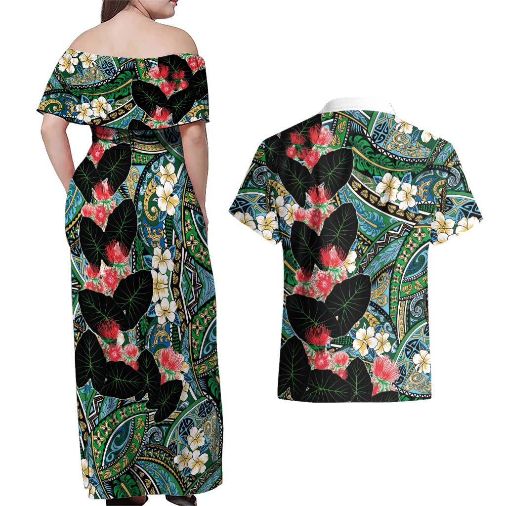 Hawaiian Taro Leaves and Ohia Lehua Couples Matching Off Shoulder Maxi Dress and Hawaiian Shirt Polynesian Tribal Art Tropical Plants Motifs Colorful LT03 - Polynesian Pride