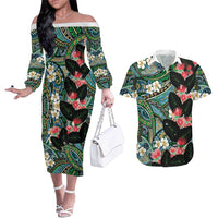 Hawaiian Taro Leaves and Ohia Lehua Couples Matching Off The Shoulder Long Sleeve Dress and Hawaiian Shirt Polynesian Tribal Art Tropical Plants Motifs Colorful LT03 Multicolor - Polynesian Pride