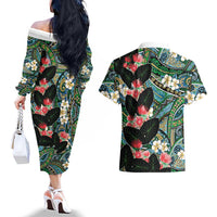 Hawaiian Taro Leaves and Ohia Lehua Couples Matching Off The Shoulder Long Sleeve Dress and Hawaiian Shirt Polynesian Tribal Art Tropical Plants Motifs Colorful LT03 - Polynesian Pride