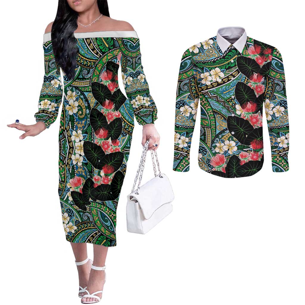 Hawaiian Taro Leaves and Ohia Lehua Couples Matching Off The Shoulder Long Sleeve Dress and Long Sleeve Button Shirt Polynesian Tribal Art Tropical Plants Motifs Colorful LT03 Multicolor - Polynesian Pride