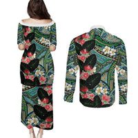 Hawaiian Taro Leaves and Ohia Lehua Couples Matching Puletasi and Long Sleeve Button Shirt Polynesian Tribal Art Tropical Plants Motifs Colorful LT03 - Polynesian Pride