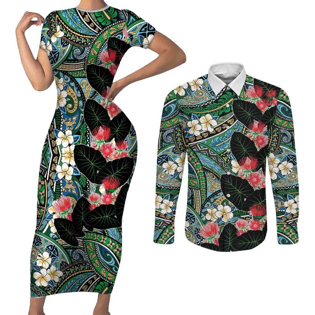 Hawaiian Taro Leaves and Ohia Lehua Couples Matching Short Sleeve Bodycon Dress and Long Sleeve Button Shirt Polynesian Tribal Art Tropical Plants Motifs Colorful LT03 Multicolor - Polynesian Pride