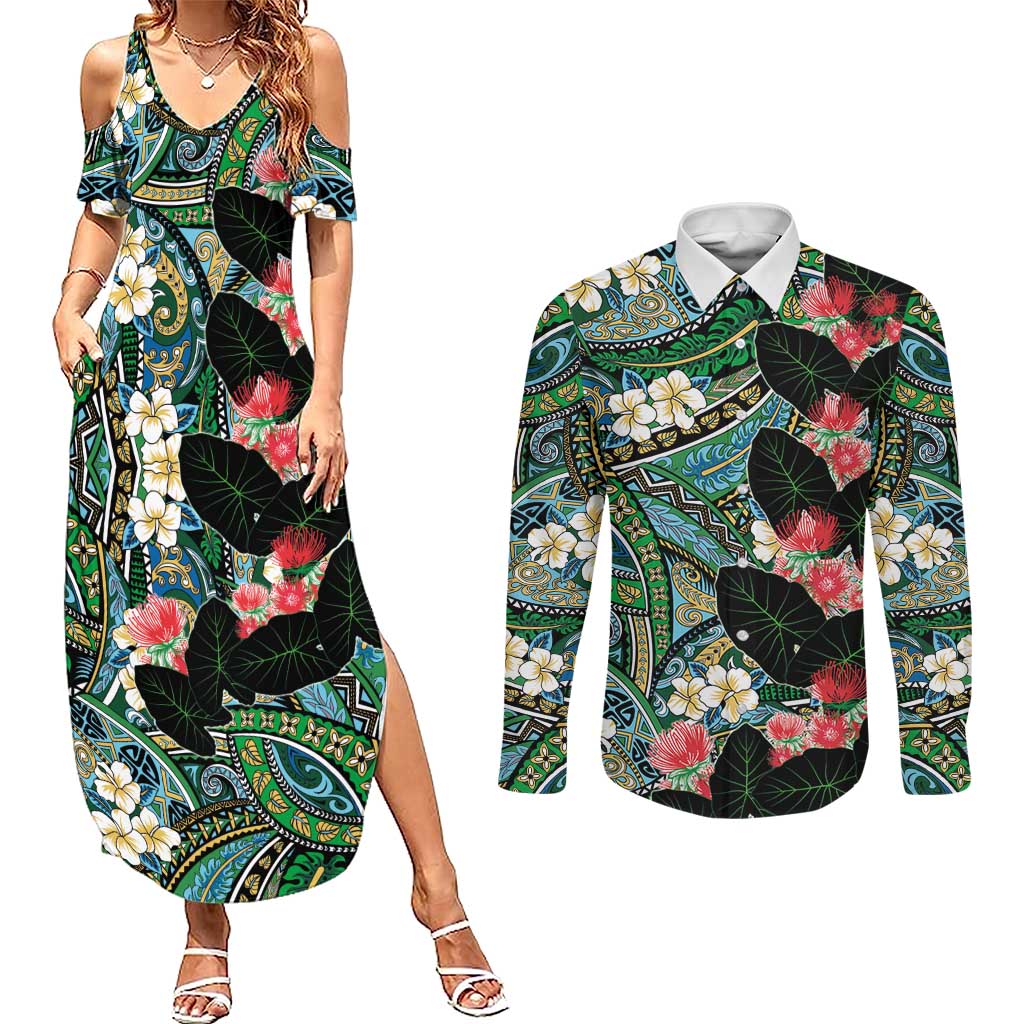 Hawaiian Taro Leaves and Ohia Lehua Couples Matching Summer Maxi Dress and Long Sleeve Button Shirt Polynesian Tribal Art Tropical Plants Motifs Colorful LT03 Multicolor - Polynesian Pride