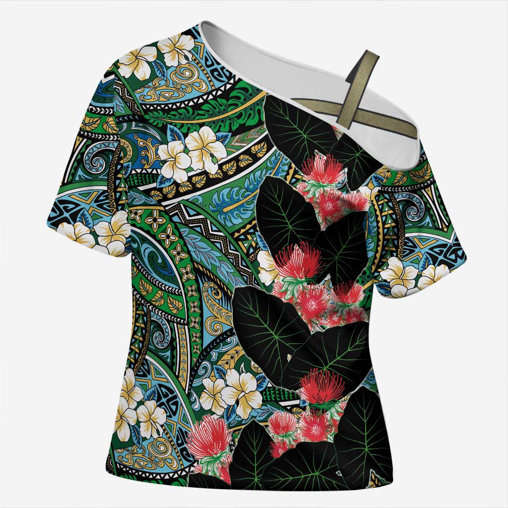 Hawaiian Taro Leaves and Ohia Lehua Cross Shoulder Shirt Polynesian Tribal Art Tropical Plants Motifs Colorful LT03 Female Multicolor - Polynesian Pride
