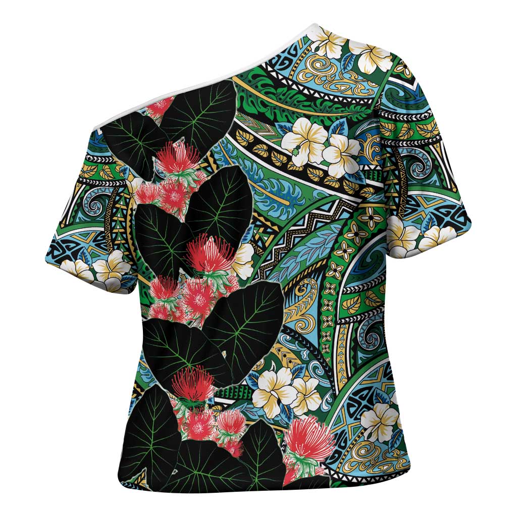 Hawaiian Taro Leaves and Ohia Lehua Cross Shoulder Shirt Polynesian Tribal Art Tropical Plants Motifs Colorful LT03 - Polynesian Pride