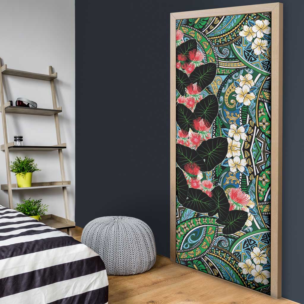 Hawaiian Taro Leaves and Ohia Lehua Door Cover Polynesian Tribal Art Tropical Plants Motifs Colorful LT03 - Polynesian Pride