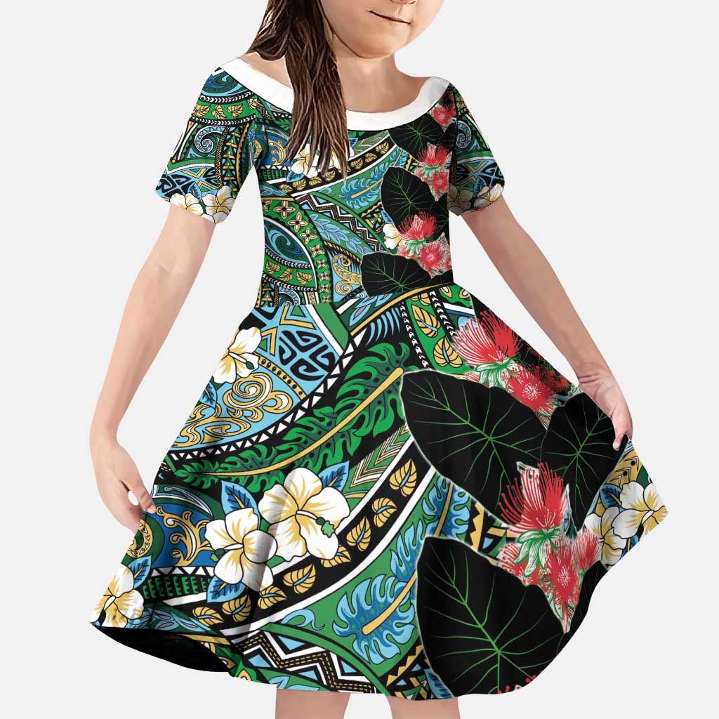 Hawaiian Taro Leaves and Ohia Lehua Family Matching Long Sleeve Bodycon Dress and Hawaiian Shirt Polynesian Tribal Art Tropical Plants Motifs Colorful LT03 Daughter's Dress Multicolor - Polynesian Pride