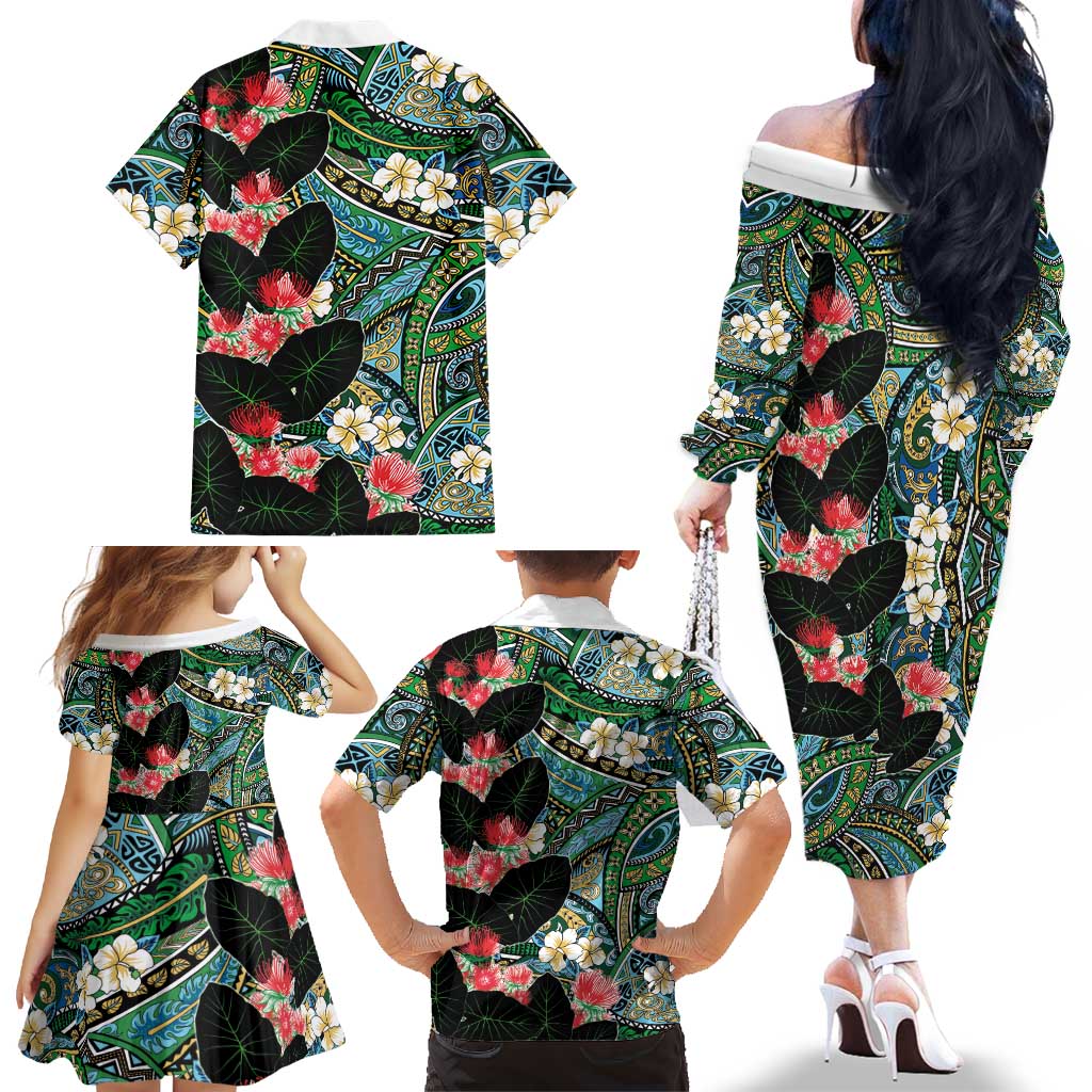 Hawaiian Taro Leaves and Ohia Lehua Family Matching Off The Shoulder Long Sleeve Dress and Hawaiian Shirt Polynesian Tribal Art Tropical Plants Motifs Colorful LT03 - Polynesian Pride