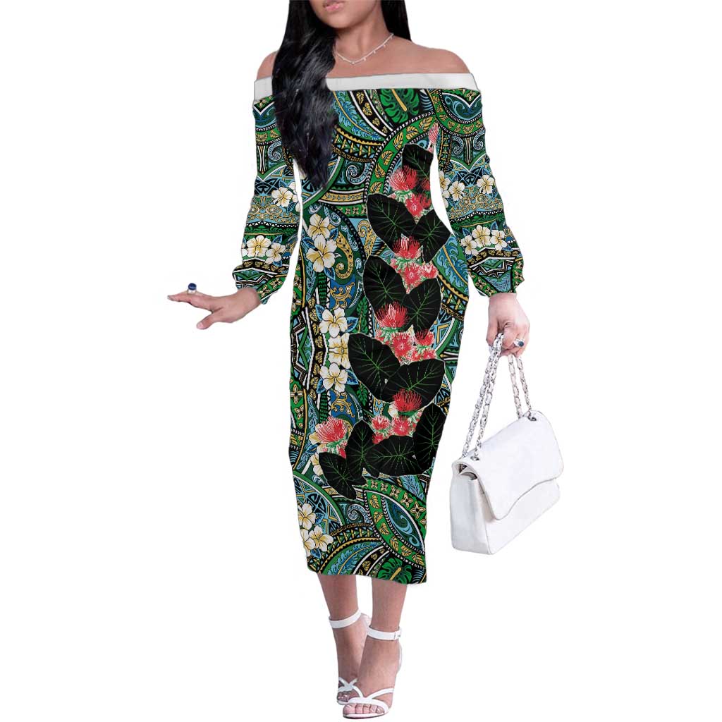 Hawaiian Taro Leaves and Ohia Lehua Family Matching Off The Shoulder Long Sleeve Dress and Hawaiian Shirt Polynesian Tribal Art Tropical Plants Motifs Colorful LT03 Mom's Dress Multicolor - Polynesian Pride