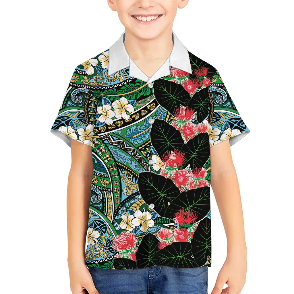 Hawaiian Taro Leaves and Ohia Lehua Family Matching Off Shoulder Maxi Dress and Hawaiian Shirt Polynesian Tribal Art Tropical Plants Motifs Colorful LT03 Son's Shirt Multicolor - Polynesian Pride