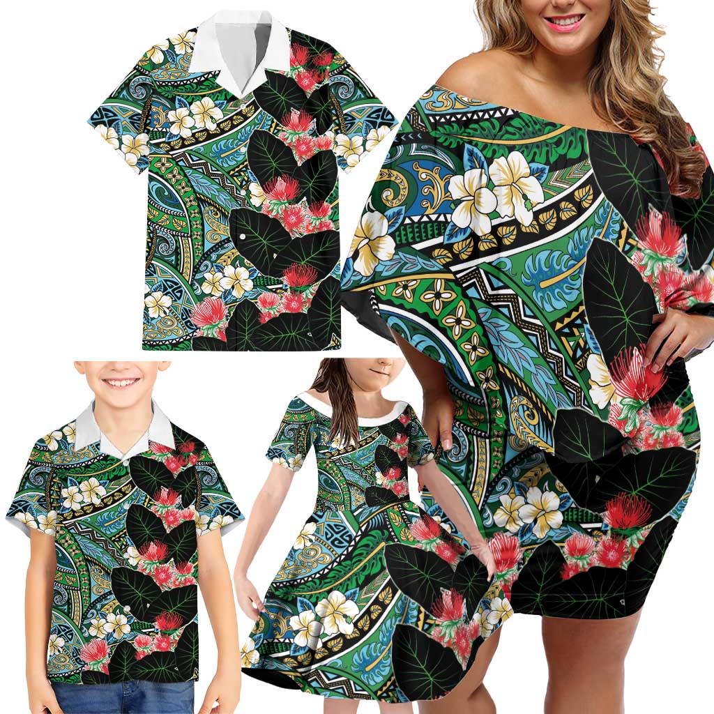 Hawaiian Taro Leaves and Ohia Lehua Family Matching Off Shoulder Short Dress and Hawaiian Shirt Polynesian Tribal Art Tropical Plants Motifs Colorful LT03 - Polynesian Pride
