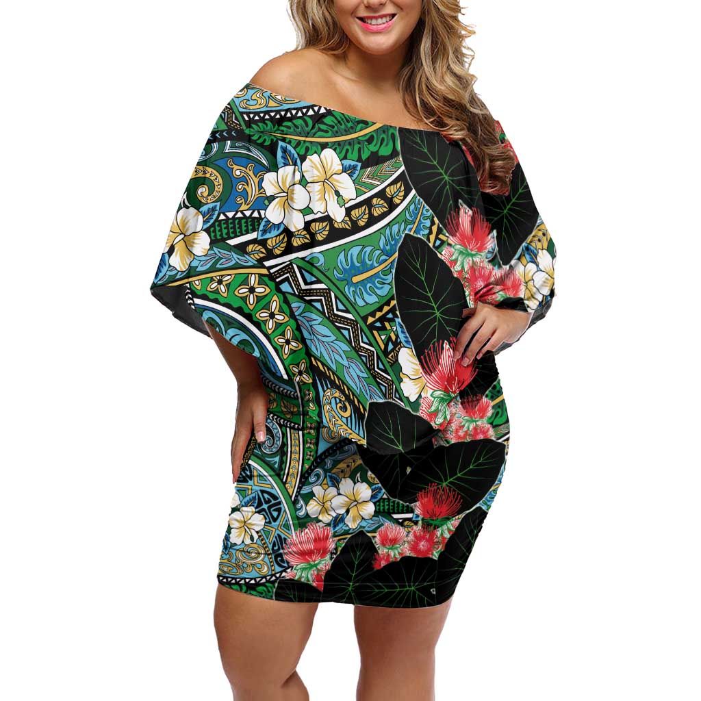 Hawaiian Taro Leaves and Ohia Lehua Family Matching Off Shoulder Short Dress and Hawaiian Shirt Polynesian Tribal Art Tropical Plants Motifs Colorful LT03 Mom's Dress Multicolor - Polynesian Pride