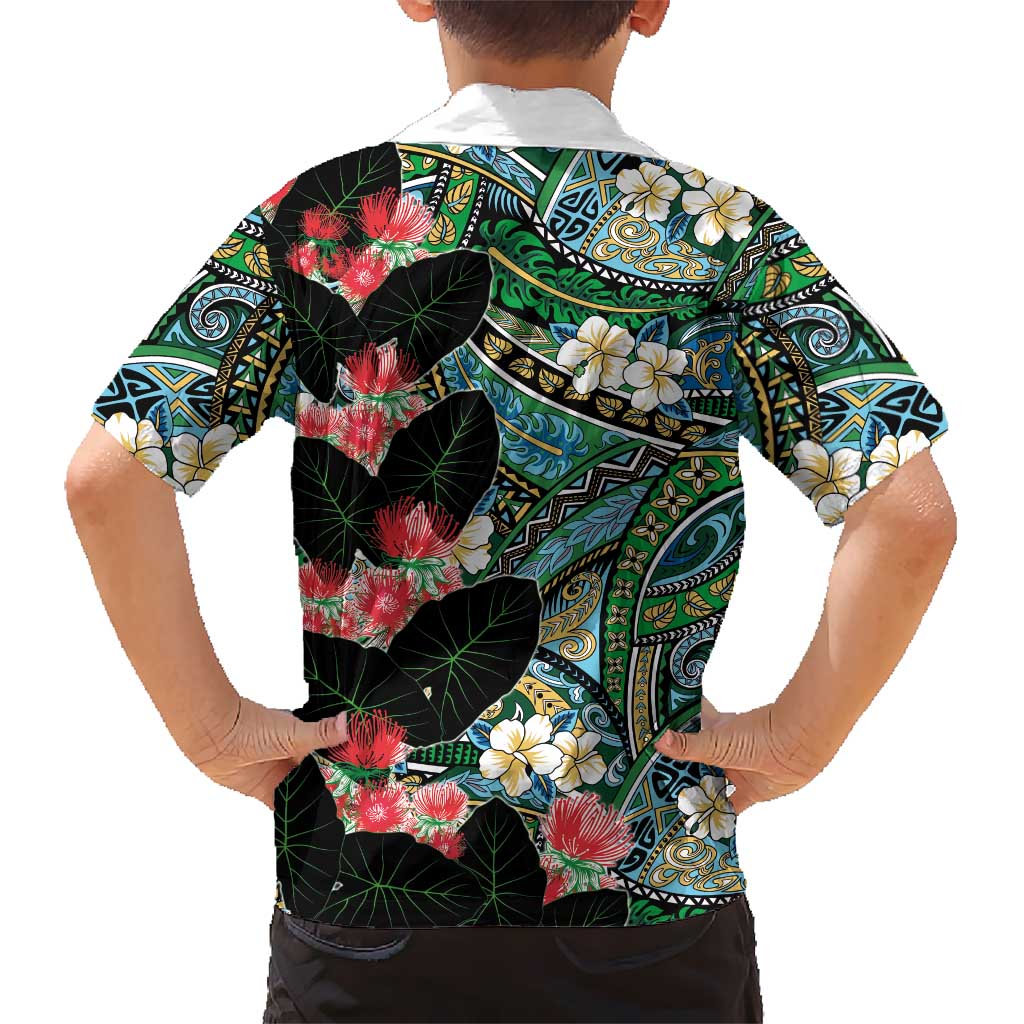 Hawaiian Taro Leaves and Ohia Lehua Family Matching Puletasi and Hawaiian Shirt Polynesian Tribal Art Tropical Plants Motifs Colorful LT03 - Polynesian Pride