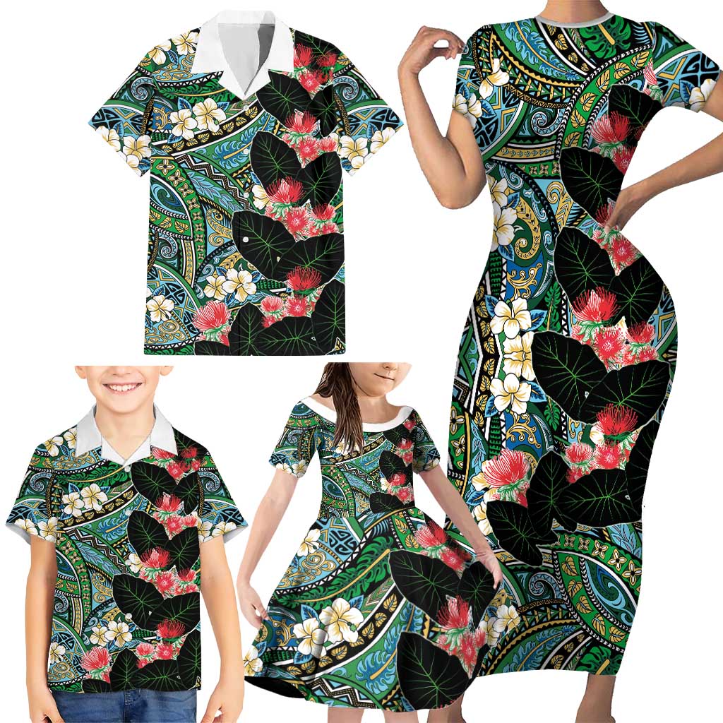 Hawaiian Taro Leaves and Ohia Lehua Family Matching Short Sleeve Bodycon Dress and Hawaiian Shirt Polynesian Tribal Art Tropical Plants Motifs Colorful LT03 - Polynesian Pride