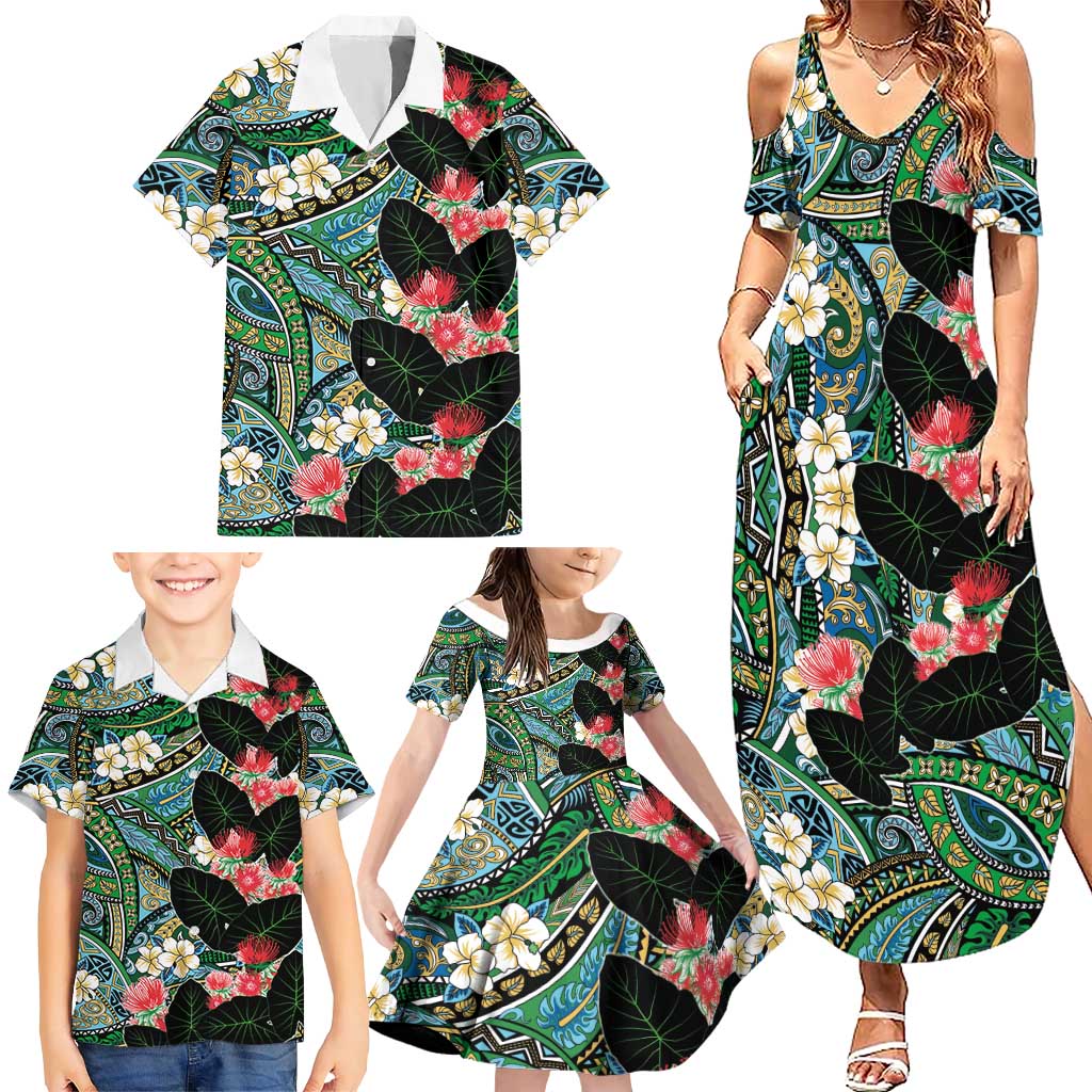 Hawaiian Taro Leaves and Ohia Lehua Family Matching Summer Maxi Dress and Hawaiian Shirt Polynesian Tribal Art Tropical Plants Motifs Colorful