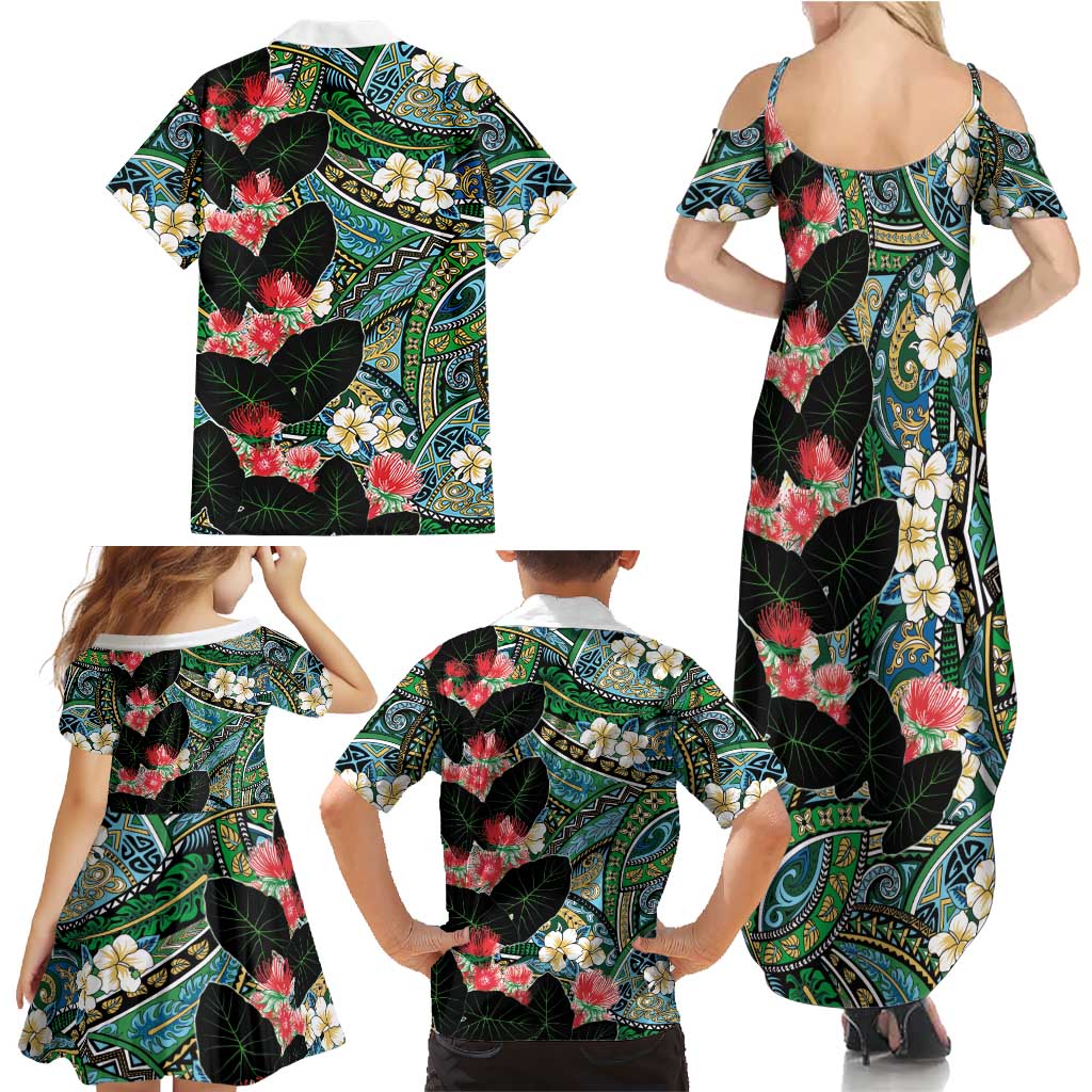 Hawaiian Taro Leaves and Ohia Lehua Family Matching Summer Maxi Dress and Hawaiian Shirt Polynesian Tribal Art Tropical Plants Motifs Colorful LT03 - Polynesian Pride