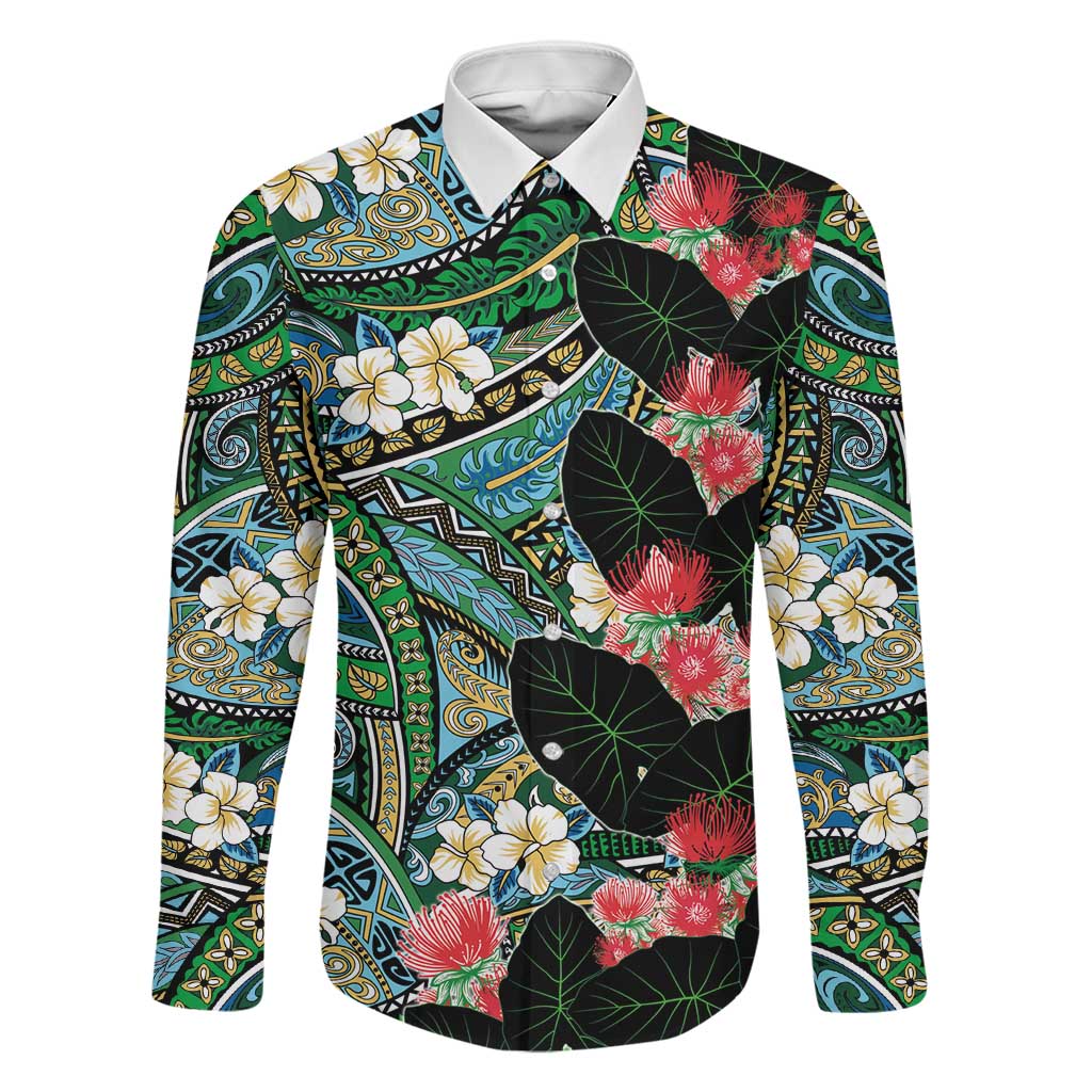 Hawaiian Taro Leaves and Ohia Lehua Family Matching Summer Maxi Dress and Hawaiian Shirt Polynesian Tribal Art Tropical Plants Motifs Colorful LT03 Dad's Shirt - Long Sleeve Multicolor - Polynesian Pride