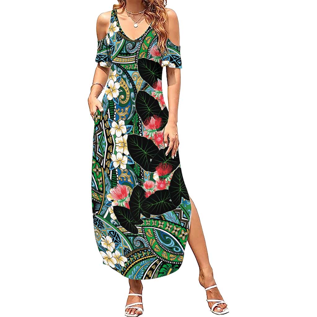 Hawaiian Taro Leaves and Ohia Lehua Family Matching Summer Maxi Dress and Hawaiian Shirt Polynesian Tribal Art Tropical Plants Motifs Colorful LT03 Mom's Dress Multicolor - Polynesian Pride