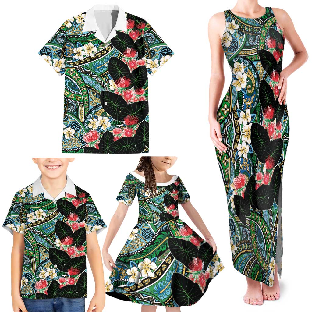 Hawaiian Taro Leaves and Ohia Lehua Family Matching Tank Maxi Dress and Hawaiian Shirt Polynesian Tribal Art Tropical Plants Motifs Colorful