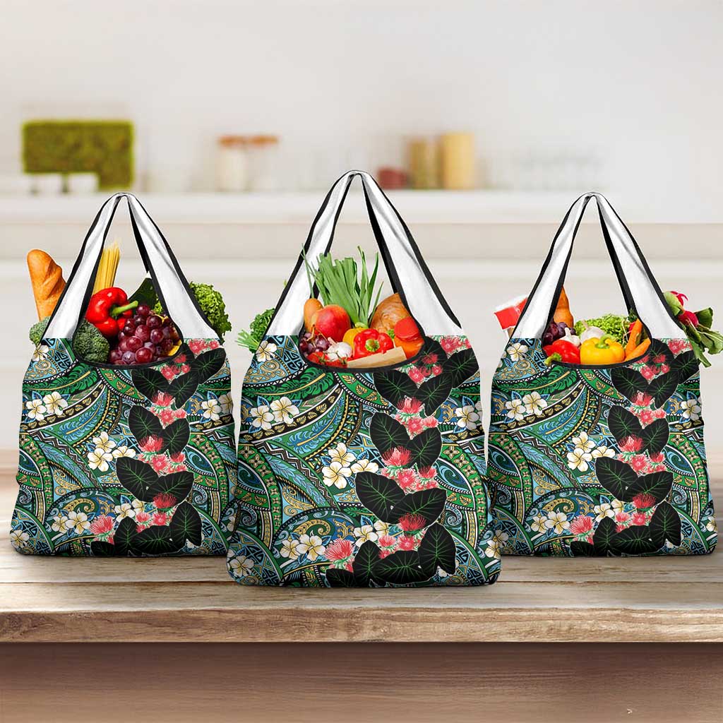 Hawaiian Taro Leaves and Ohia Lehua Grocery Bag Polynesian Tribal Art Tropical Plants Motifs Colorful LT03 3-pack One Size Multicolor - Polynesian Pride