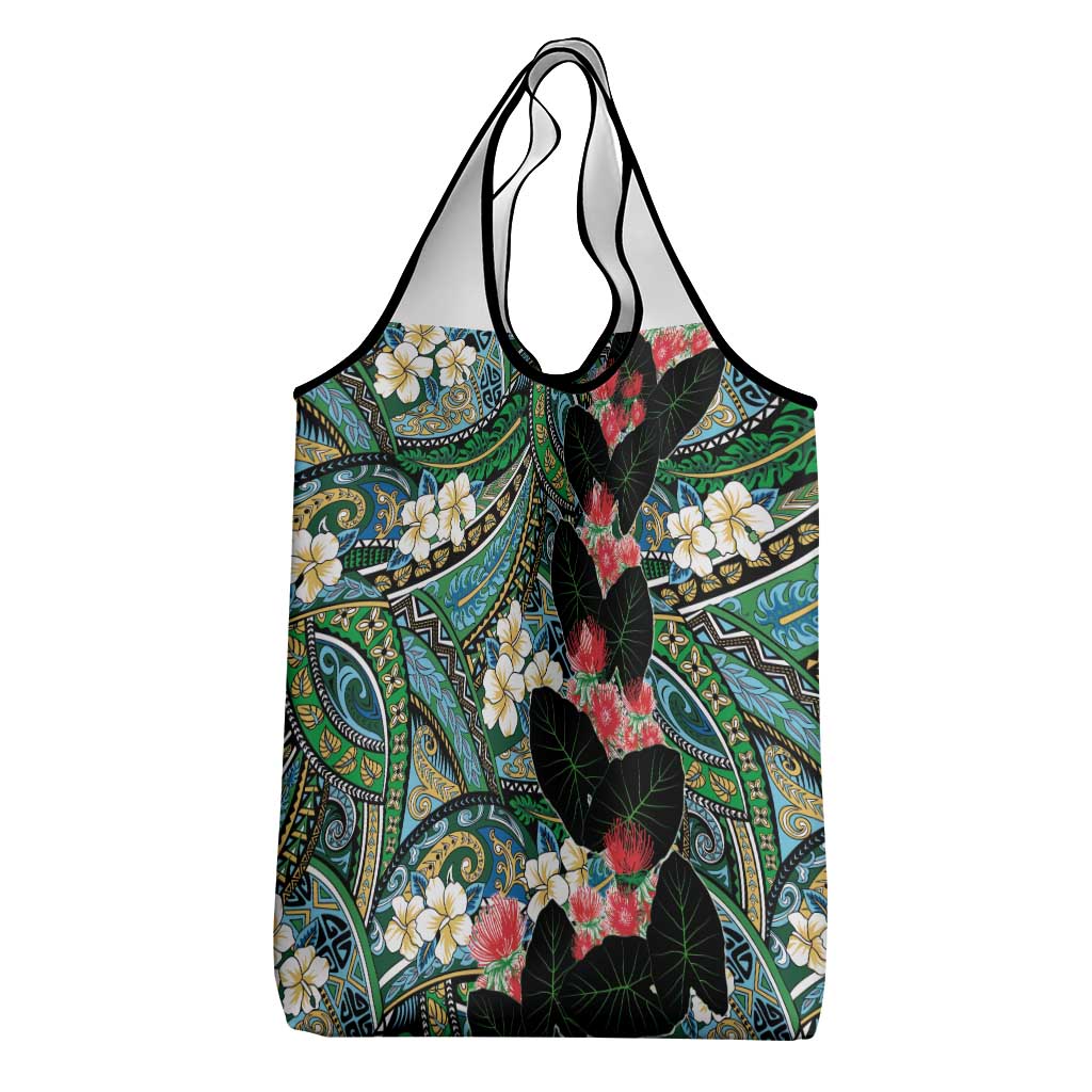 Hawaiian Taro Leaves and Ohia Lehua Grocery Bag Polynesian Tribal Art Tropical Plants Motifs Colorful LT03 - Polynesian Pride